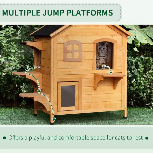 PawHut 2-story Cat House Outdoor, Weatherproof Wooden Cat Enclosure for Feral Cats with Escape Door, Openable Roof, Jumping Platforms, Natural Wood Finish - 7