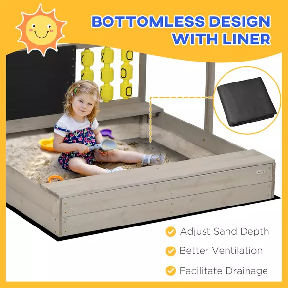 Outsunny Kids Wooden Sandpit, sandbox with canopy & Seats, for Gardens - Grey - 4