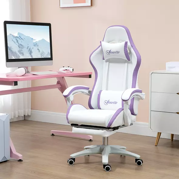 Vinsetto Computer Gaming Chair, PU Leather Office Desk Chair with Footrest, Swivel Wheels, 135° Reclining Back, Lumbar Support, Headrest for Home, White and Purple - 2