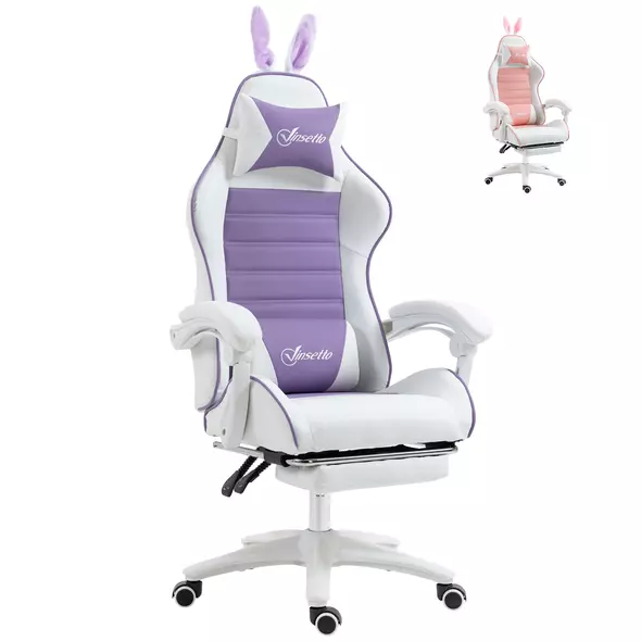 Vinsetto Racing Gaming Chair, Reclining PU Leather Computer Chair with Removable Rabbit Ears, Footrest, Headrest and Lumber Support, Purple - 1