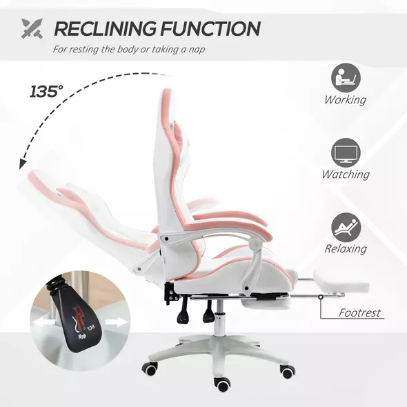 Vinsetto Computer Gaming Chair, PU Leather Office Desk Chair with Footrest, Swivel Wheels, 135° Reclining Back, Lumbar Support, Headrest for Home, White and Pink - 5