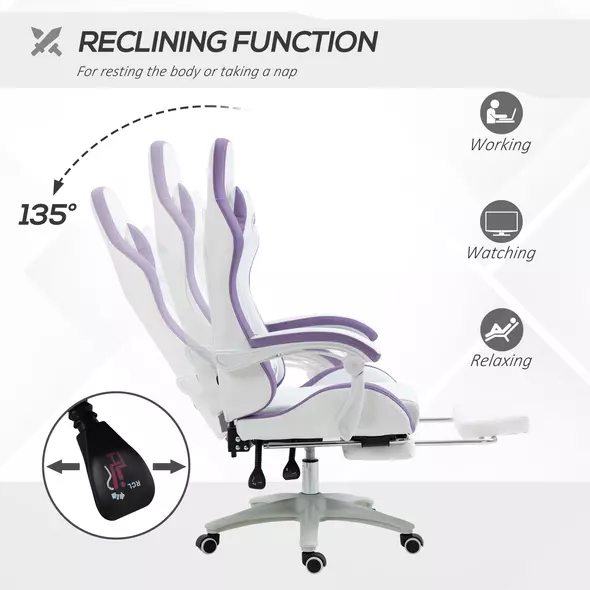 Vinsetto Computer Gaming Chair, PU Leather Office Desk Chair with Footrest, Swivel Wheels, 135° Reclining Back, Lumbar Support, Headrest for Home, White and Purple - 5