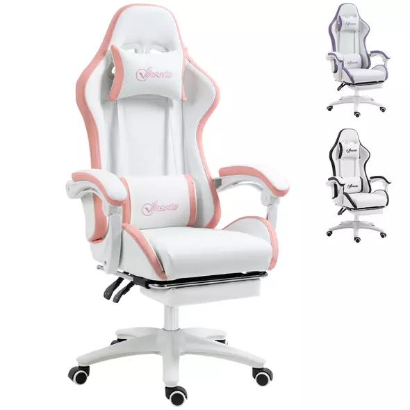 Vinsetto Computer Gaming Chair, PU Leather Office Desk Chair with Footrest, Swivel Wheels, 135° Reclining Back, Lumbar Support, Headrest for Home, White and Pink - 1