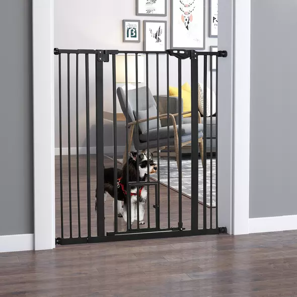 PawHut Extra Tall Pet Gate, Indoor Dog Safety Gate, with Cat Flap, Auto Close, 74-101cm Wide - Black - 2