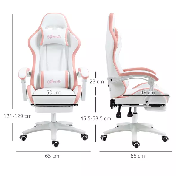 Vinsetto Computer Gaming Chair, PU Leather Office Desk Chair with Footrest, Swivel Wheels, 135° Reclining Back, Lumbar Support, Headrest for Home, White and Pink - 3