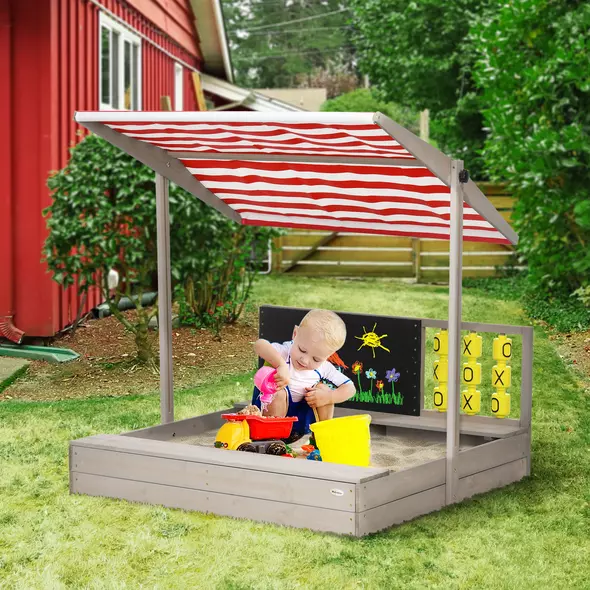 Outsunny Kids Wooden Sandpit, sandbox with canopy & Seats, for Gardens - Grey - 2