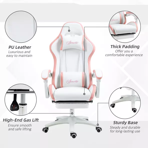 Vinsetto Computer Gaming Chair, PU Leather Office Desk Chair with Footrest, Swivel Wheels, 135° Reclining Back, Lumbar Support, Headrest for Home, White and Pink - 7
