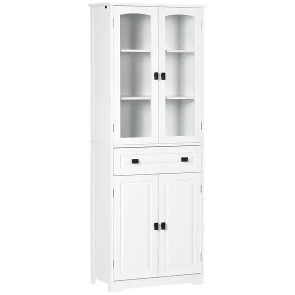 HOMCOM Kitchen Cupboard, Freestanding Storage Cabinet with 2 Adjustable Shelves, Drawer and Glass Door for Living Room, Dining Room, 160cm, White - 1