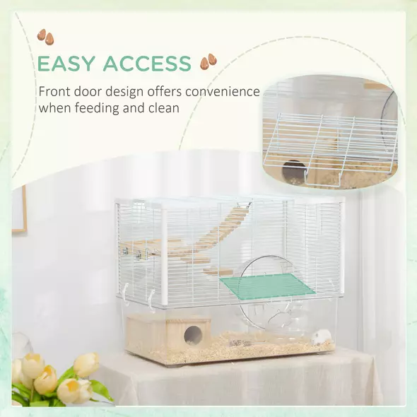 PawHut Hamster Cage, Gerbil Cage with Wooden Ramp, Exercise Wheel, Food Bowl - White - 6