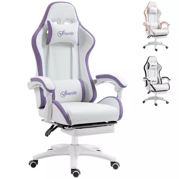 Vinsetto Computer Gaming Chair, PU Leather Office Desk Chair with Footrest, Swivel Wheels, 135° Reclining Back, Lumbar Support, Headrest for Home, White and Purple - 1