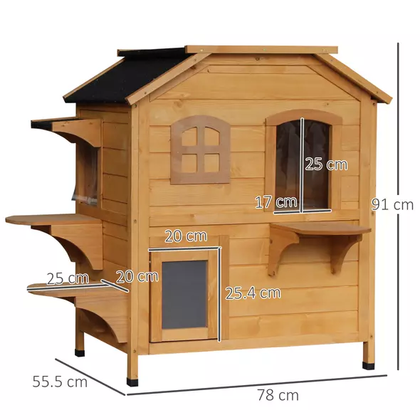 PawHut 2-story Cat House Outdoor, Weatherproof Wooden Cat Enclosure for Feral Cats with Escape Door, Openable Roof, Jumping Platforms, Natural Wood Finish - 3