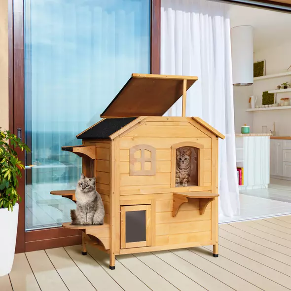 PawHut 2-story Cat House Outdoor, Weatherproof Wooden Cat Enclosure for Feral Cats with Escape Door, Openable Roof, Jumping Platforms, Natural Wood Finish - 2