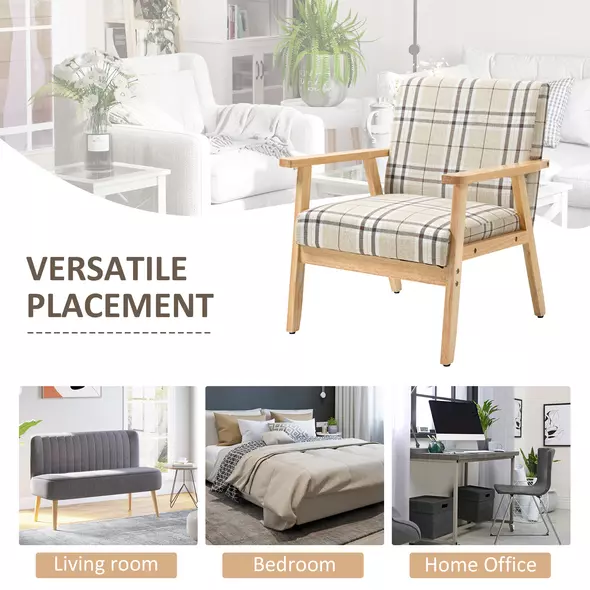 HOMCOM Modern One Seater Sofa for Living Room, Linen Fabric Small Couch with Rubber Wood Frame, Armrests, Lattice Pattern, Upholstered Armchair, Beige - 7