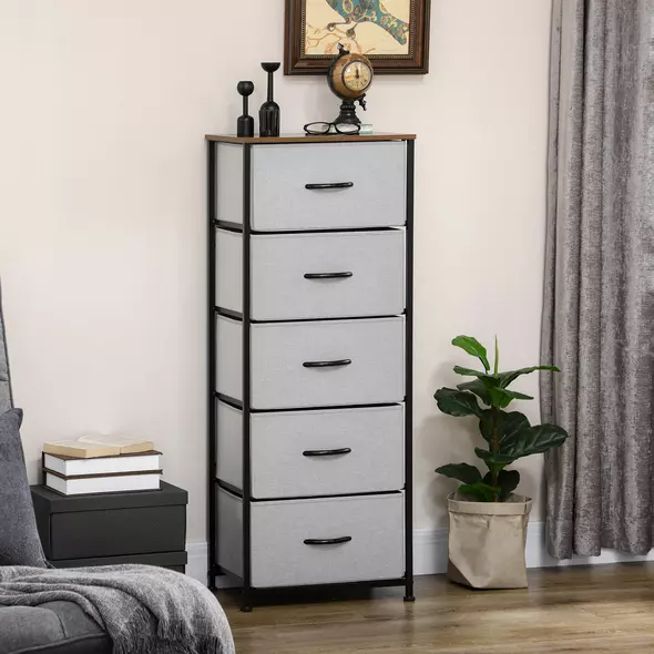 HOMCOM Fabric Chest of Drawers, Industrial Bedroom Dresser with 5 Fabric Drawers, Steel Frame and Wooden Top for Nursery, Living Room, Hallway, Grey - 2