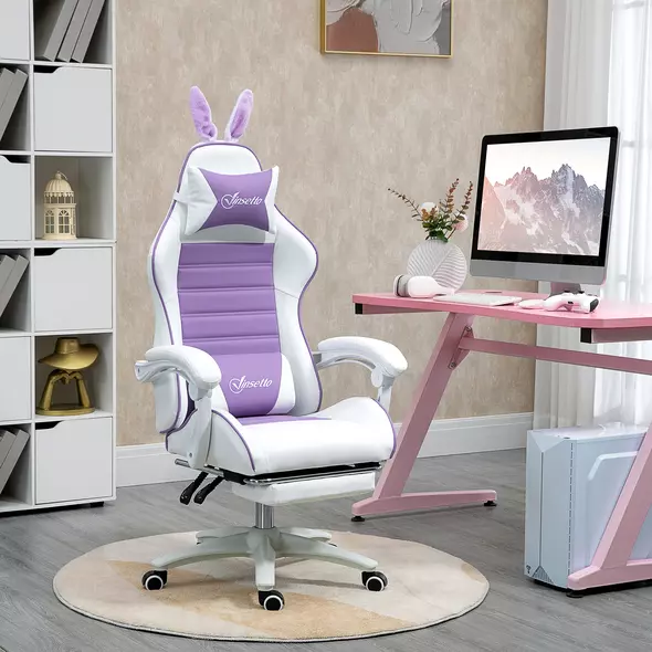 Vinsetto Racing Gaming Chair, Reclining PU Leather Computer Chair with Removable Rabbit Ears, Footrest, Headrest and Lumber Support, Purple - 2