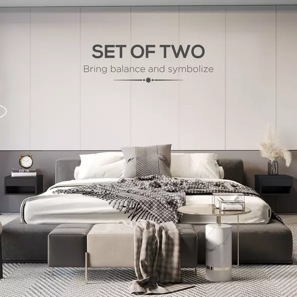 HOMCOM Floating Bedside Tables Set of 2, Wall Mounted Nightstand, High Gloss Black - 4