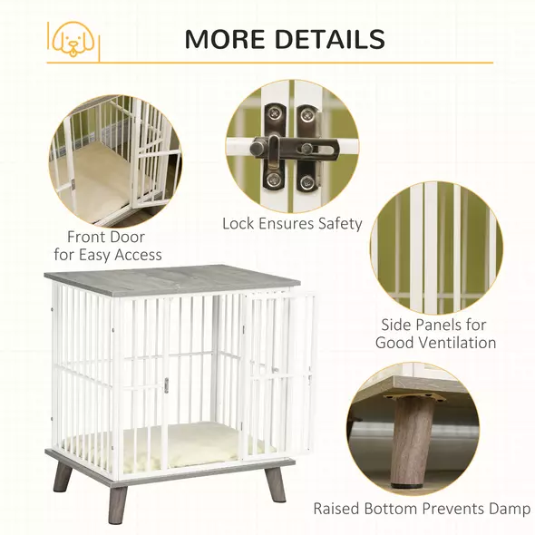 PawHut Dog Crate Furniture, Indoor Pet Kennel Cage, Top End Table w/ Soft Cushion, Lockable Door, for Small Dogs, 64.5 x 48 x 70.5 cm - Grey - 6