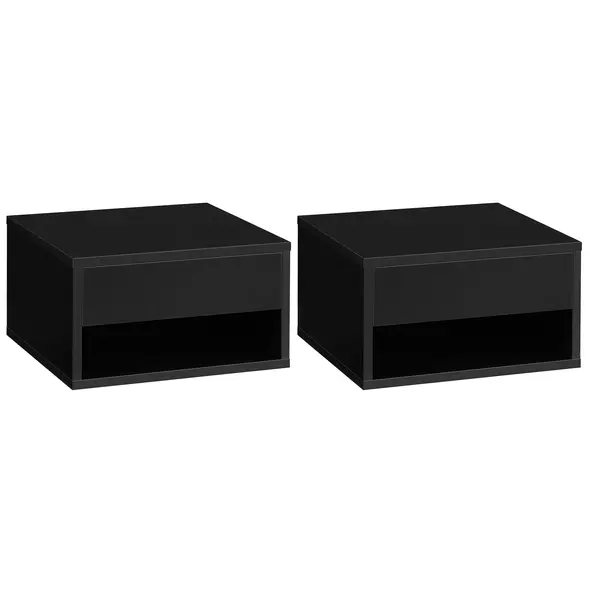 HOMCOM Floating Bedside Tables Set of 2, Wall Mounted Nightstand, High Gloss Black - 1