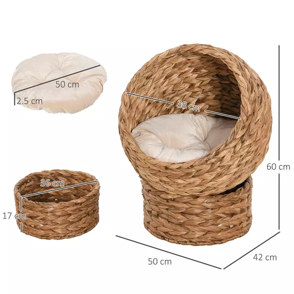 PawHut Wicker Cat Bed, Raised Rattan Cat Basket with Cylindrical Base, Soft Washable Cushion, 50 x 42 x 60 cm - Brown - 3