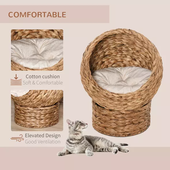 PawHut Wicker Cat Bed, Raised Rattan Cat Basket with Cylindrical Base, Soft Washable Cushion, 50 x 42 x 60 cm - Brown - 4