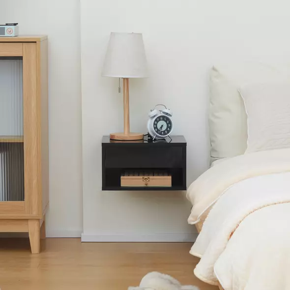 HOMCOM Floating Bedside Tables Set of 2, Wall Mounted Nightstand, High Gloss Black - 8