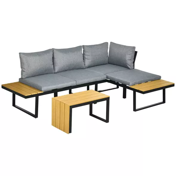 Outsunny 3 Pieces Patio Furniture Set, Outdoor Garden Sofa Conversation Set w/ Padded Cushions, Wood Grain Plastic Top Table and Side Panel, Dark Grey - 1