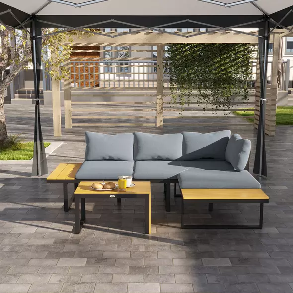 Outsunny 3 Pieces Patio Furniture Set, Outdoor Garden Sofa Conversation Set w/ Padded Cushions, Wood Grain Plastic Top Table and Side Panel, Dark Grey - 9