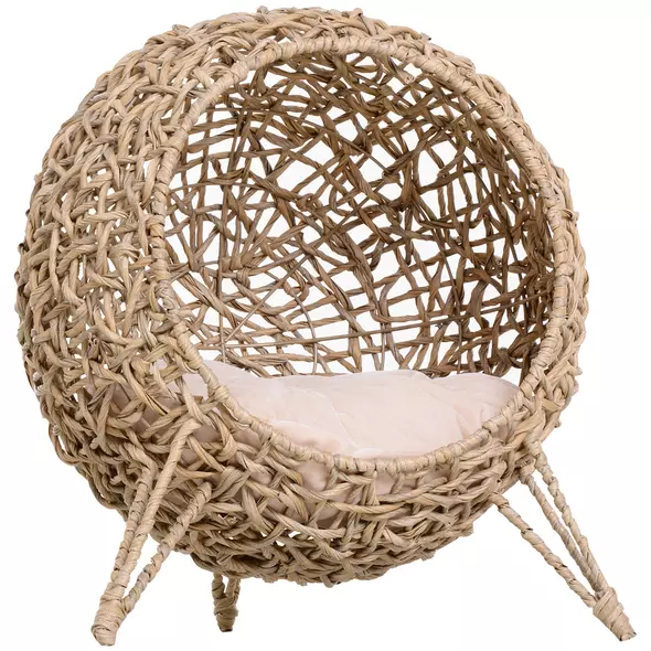 PawHut Wicker Cat Bed, Ball-Shaped Rattan Elevated Cat Basket with Three Tripod Legs, Cushion - Natural Wood Finish - 1
