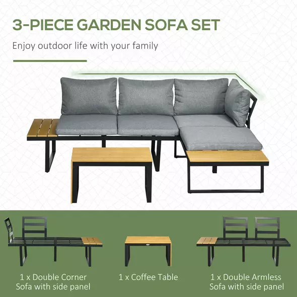Outsunny 3 Pieces Patio Furniture Set, Outdoor Garden Sofa Conversation Set w/ Padded Cushions, Wood Grain Plastic Top Table and Side Panel, Dark Grey - 4