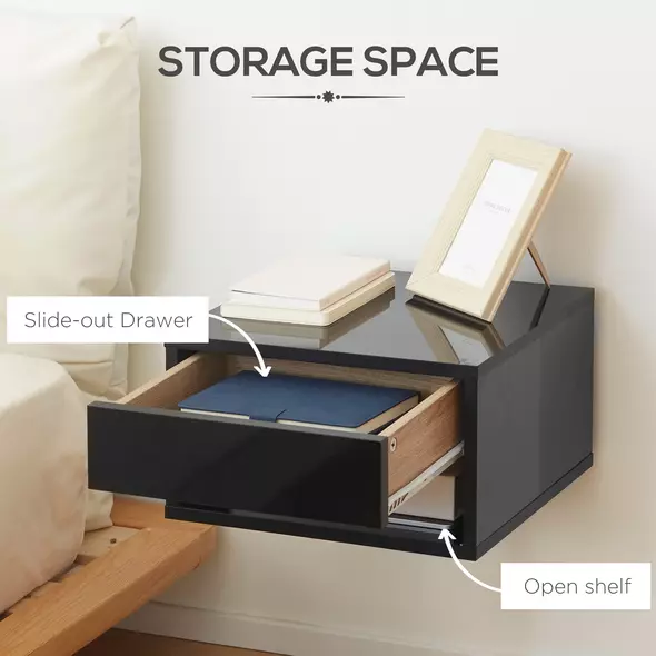 HOMCOM Floating Bedside Tables Set of 2, Wall Mounted Nightstand, High Gloss Black - 6