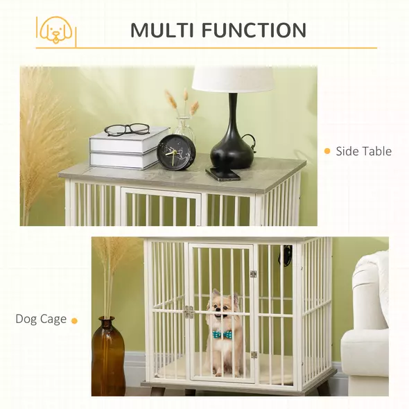 PawHut Dog Crate Furniture, Indoor Pet Kennel Cage, Top End Table w/ Soft Cushion, Lockable Door, for Small Dogs, 64.5 x 48 x 70.5 cm - Grey - 4