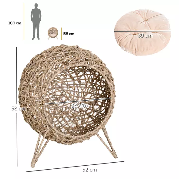 PawHut Wicker Cat Bed, Ball-Shaped Rattan Elevated Cat Basket with Three Tripod Legs, Cushion - Natural Wood Finish - 3