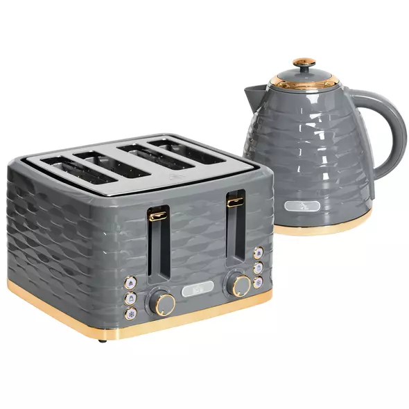 HOMCOM Kettle and Toaster Sets, 3000W 1.7L Rapid Boil Kettle & 4 Slice Toaster with 7 Browning Controls, Defrost, Reheat and Crumb Tray, UK Otter thermostat, Grey - 1