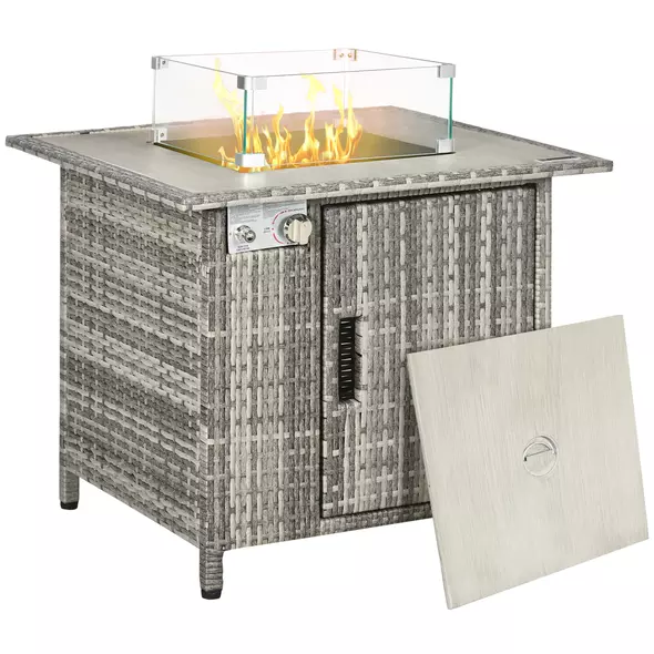 Outsunny Outdoor PE Rattan Gas Fire Pit Table, Patio Square Propane Heater with Rain Cover, Glass Windscreen, and Lava Stone, 50,000 BTU, Grey - 1