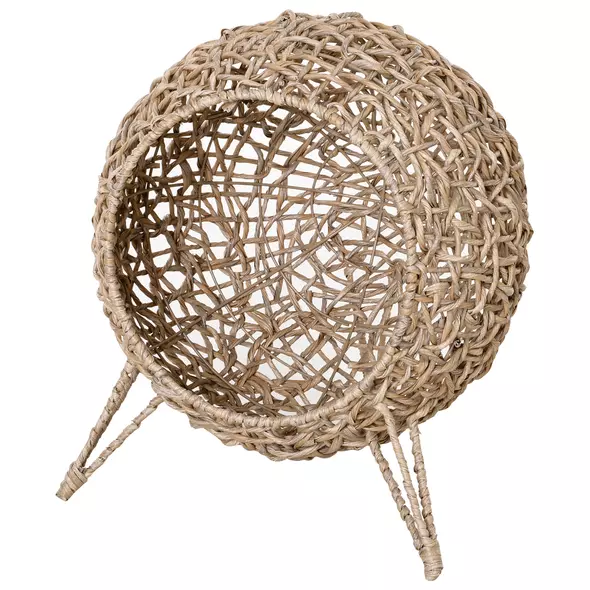 PawHut Wicker Cat Bed, Ball-Shaped Rattan Elevated Cat Basket with Three Tripod Legs, Cushion - Natural Wood Finish - 7