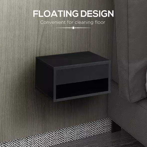 HOMCOM Floating Bedside Tables Set of 2, Wall Mounted Nightstand, High Gloss Black - 5