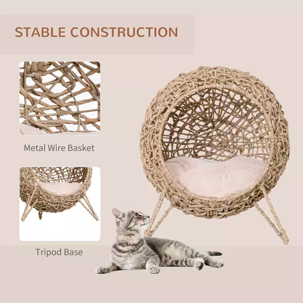 PawHut Wicker Cat Bed, Ball-Shaped Rattan Elevated Cat Basket with Three Tripod Legs, Cushion - Natural Wood Finish - 4