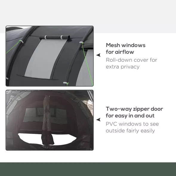 Outsunny 3-4 Man Tunnel Tent, Two Room Camping Tent with Windows, Portable Carry Bag, for Fishing, Hiking, Sports, Festival - Black - 6