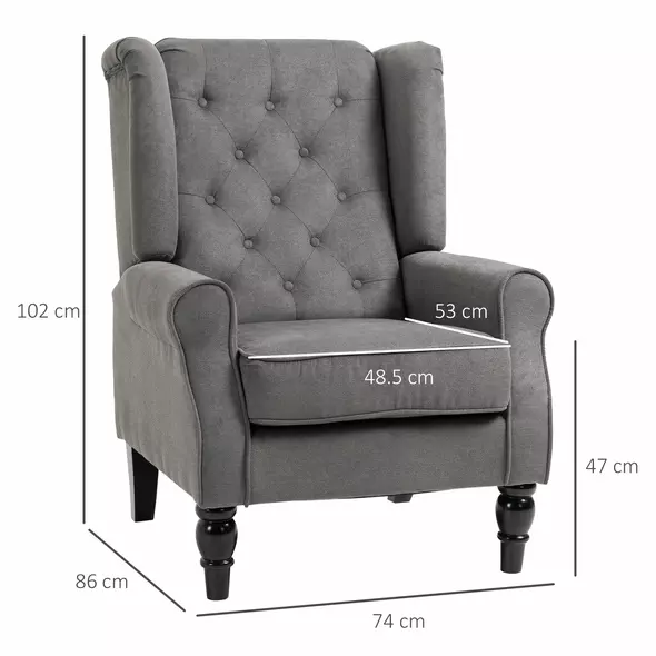 HOMCOM Retro Accent Chair, Snow Flannel Wingback Armchair with Wood Frame Button Tufted Design for Living Room Bedroom, Dark Grey - 3