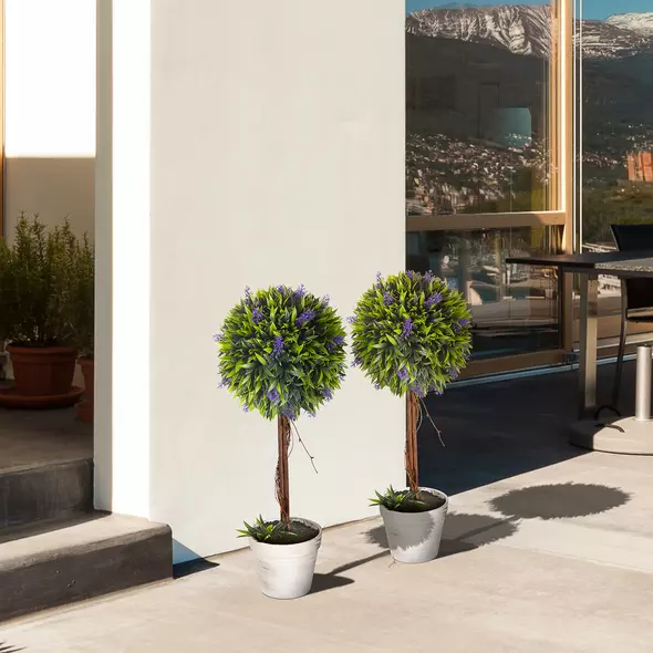 HOMCOM Set of 2 Decorative Artificial Plants Ball Trees with Lavender Flowers in Pot Fake Plants for Home Indoor Outdoor Decor, 60cm, Green - 7