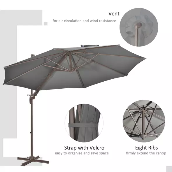 Outsunny 3(m) Cantilever Parasol 360° Rotation Roma Umbrella Hanging Sun Shade with Aluminium Frame, Tilt Crank, 8 Ribs and Cross Base, Dark Grey - 6