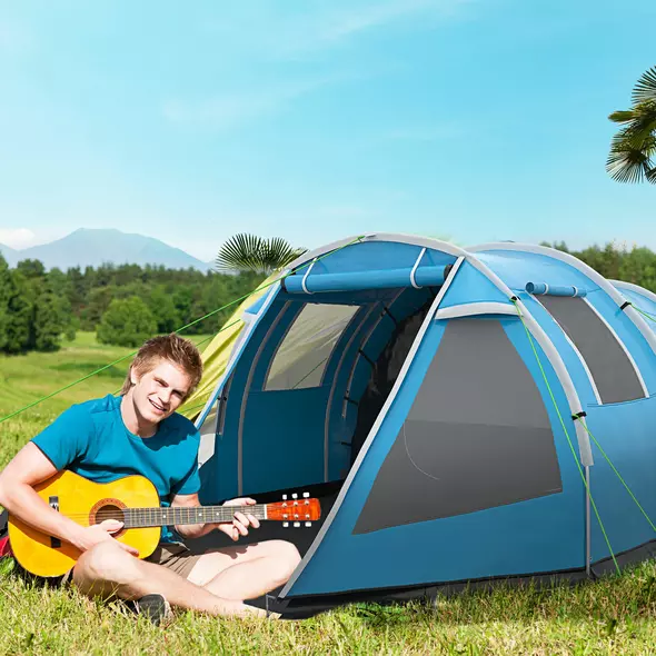 Outsunny 3-4 Man Tunnel Tent, Two Room Camping Tent with Windows, Portable Carry Bag, for Fishing, Hiking, Sports, Festival - Blue - 2