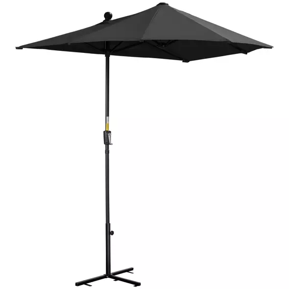 Outsunny 2m Half Parasol Market Umbrella Garden Balcony Parasol with Crank Handle, Base, Double-Sided Canopy, Black - 1