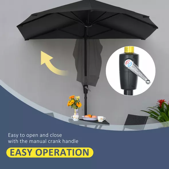 Outsunny 2m Half Parasol Market Umbrella Garden Balcony Parasol with Crank Handle, Base, Double-Sided Canopy, Black - 5