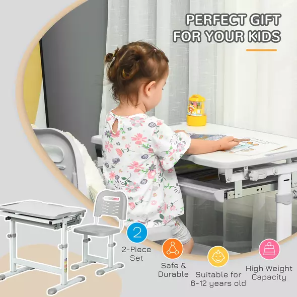 HOMCOM Kids Desk and Chair Set, Student Adjustable Writing Desk, with Drawer, Pen Slot, Hook - Grey - 4