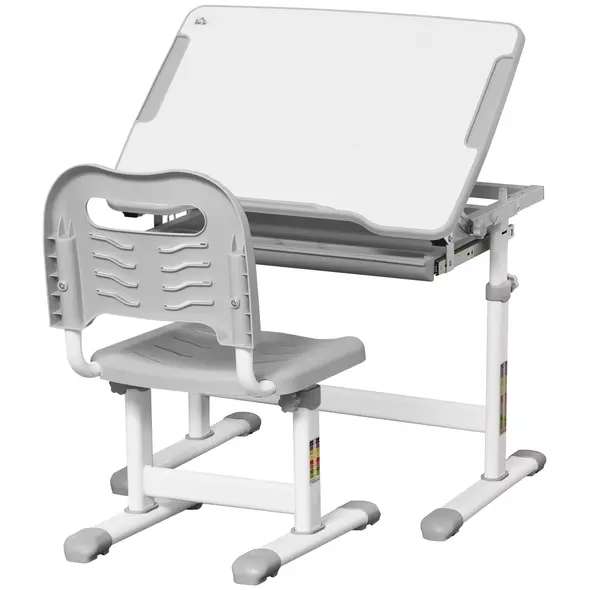 HOMCOM Kids Desk and Chair Set, Student Adjustable Writing Desk, with Drawer, Pen Slot, Hook - Grey - 1