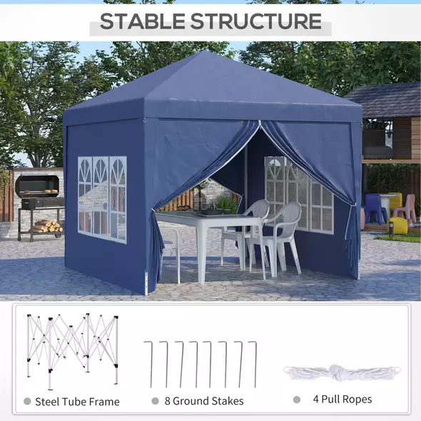 Outsunny 3 x 3 m Garden Pop Up Gazebo, Wedding Party Tent Marquee, Water Resistant Awning Canopy with Sidewalls, Windows, Carry Bag, Blue - 5