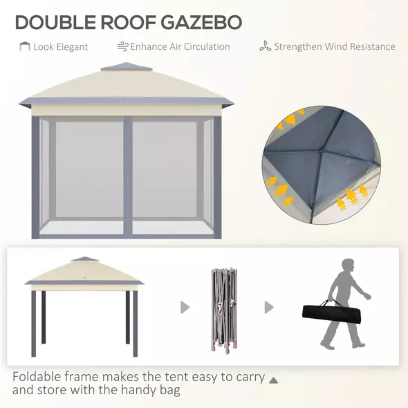Outsunny 3.3 x 3.3m Pop Up Gazebo, Double Roof Foldable Canopy Tent with Zipped Mesh Sidewalls, Height Adjustable and Carrying Bag, Event Tent for Patio Garden, Beige - 4