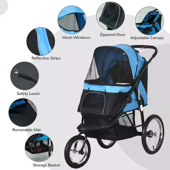 PawHut Foldable Pet stroller, Dog Buggy with Three Wheels, for Small/Medium Dogs, Blue - 7