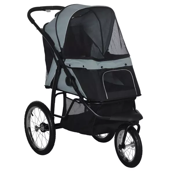 PawHut Foldable Pet stroller, Dog Buggy with Three Wheels, for Small/Medium Dogs, Grey - 1
